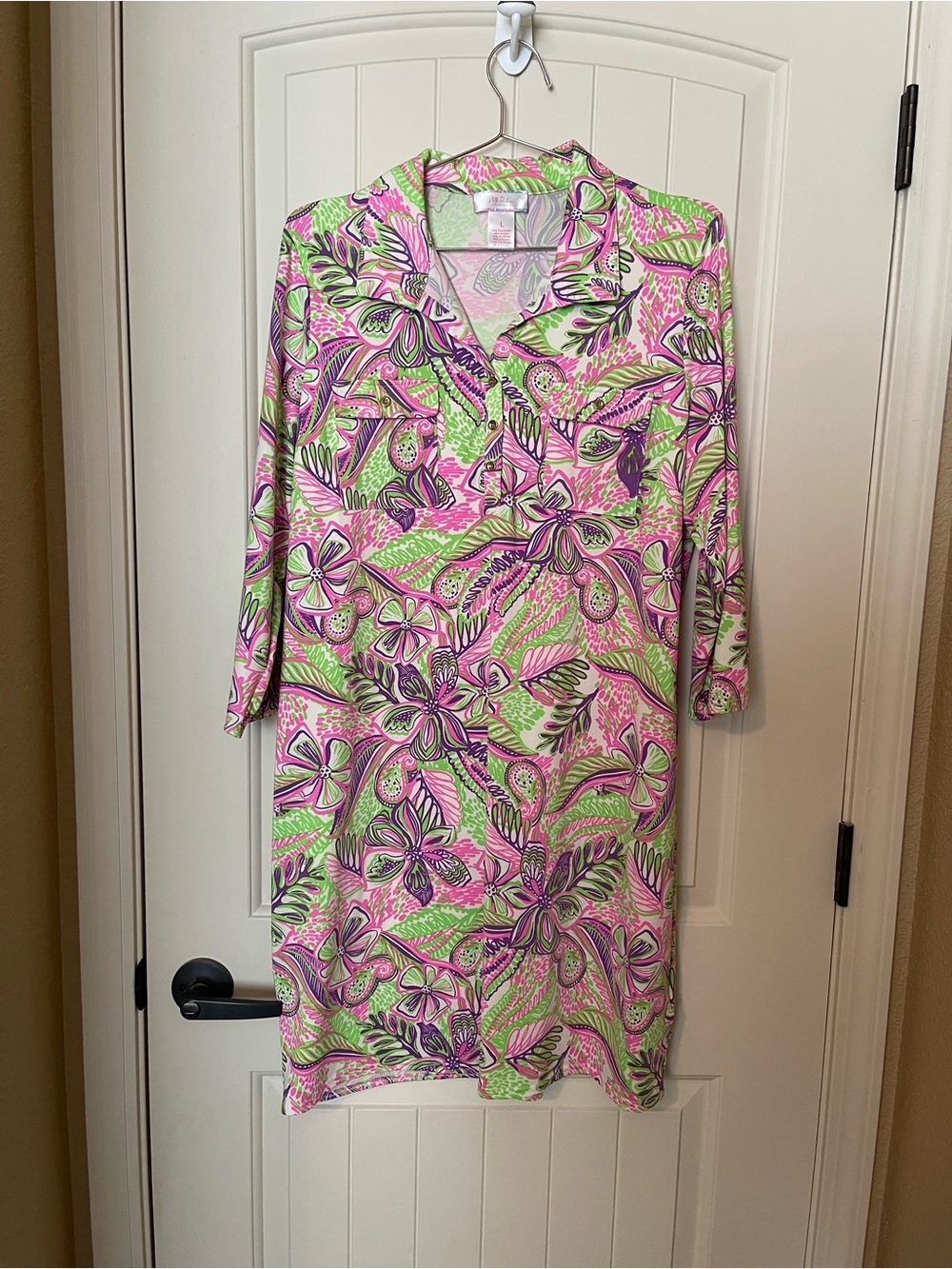Bright Floral Pink & Green Collared Women’s Dress